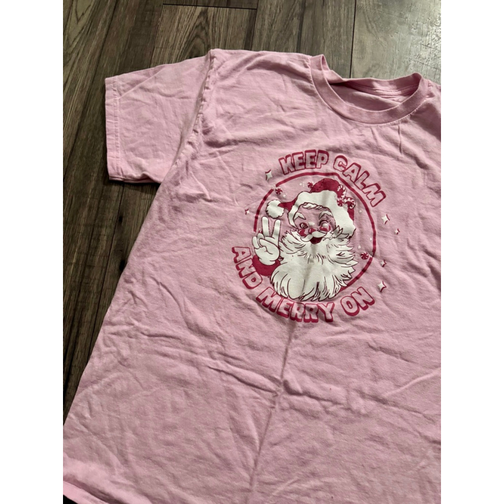 Girly Pink Santa Graphic Tee - Keep Calm and Merry On Size Large - Picture 2 of 4